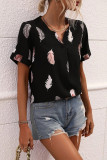 V Neck Feather Print Fold Sleeves Top