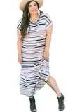 White Striped Print V Neck Side Split Plus Size Dress
