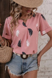 V Neck Feather Print Fold Sleeves Top