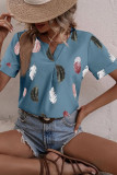 V Neck Feather Print Fold Sleeves Top