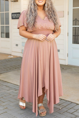 Pink Wrap V Neck Plus Size Handkerchief Dress