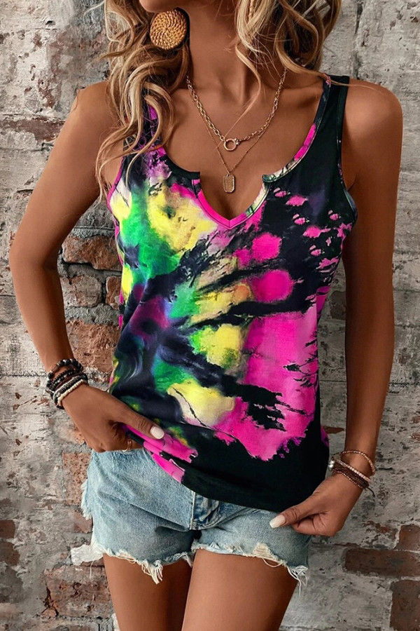 Split V Neck Tie Dye Tank Top