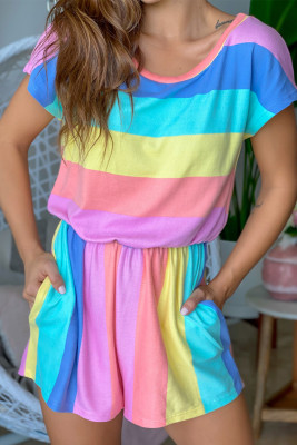 Multicolor Striped Print High Waist Short Sleeve Romper with Pockets
