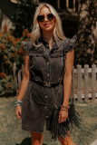Black Ruffled Cap Sleeves Button Up Denim Dress