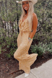 Yellow Leopard Print Drawstring Ruffled V Neck Jumpsuit