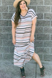 White Striped Print V Neck Side Split Plus Size Dress