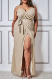 Apricot Plus Size V Neck Wrap Spaghetti Straps Maxi Dress