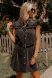 Black Ruffled Cap Sleeves Button Up Denim Dress