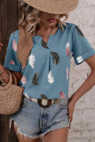 V Neck Feather Print Fold Sleeves Top