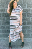 White Striped Print V Neck Side Split Plus Size Dress