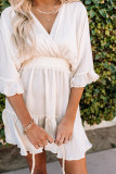 Beige V Neck Wrap Smocked Waist Ruffle Mini Dress