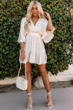 Beige V Neck Wrap Smocked Waist Ruffle Mini Dress