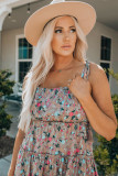 Khaki Flower Print Tiered Frilled Knotted Spaghetti Strap Mini Dress