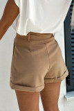 Brown Button Decor Belt Rolled Hem Shorts