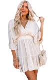 Beige V Neck Wrap Smocked Waist Ruffle Mini Dress