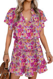 Multicolor Floral Print Tie V Neck Ruffle Mini Dress