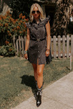 Black Ruffled Cap Sleeves Button Up Denim Dress