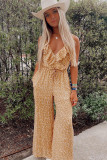 Yellow Leopard Print Drawstring Ruffled V Neck Jumpsuit