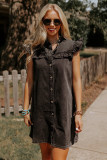 Black Ruffled Cap Sleeves Button Up Denim Dress