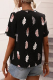 V Neck Feather Print Fold Sleeves Top