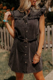 Black Ruffled Cap Sleeves Button Up Denim Dress