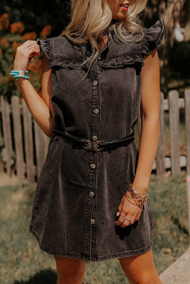 Black Ruffled Cap Sleeves Button Up Denim Dress