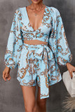 Printed V Neck Bubble Sleeves Hollow Out Waist Romper