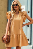 Khaki Tiered Ruffled Sleeves Mini Dress with Pockets