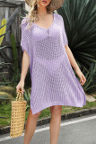 Plain V Neck Hollow Out Knit Cover Up Beach Dress