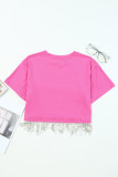 Pink Cow Print AMEN Graphic Rhinestone Tasseled Crop Top