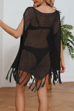Plain Hollow Out Knit Fringe Hem Kimono