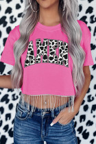 Pink Cow Print AMEN Graphic Rhinestone Tasseled Crop Top