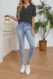 Cut Out V Neck Turn Down Collar Plain Knit Top
