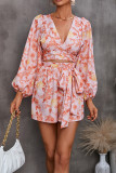 Printed V Neck Bubble Sleeves Hollow Out Waist Romper