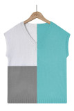 Plain V Neck Knit Color Block Short Sleeves Top