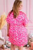 Pink Leopard Print V Neck Plus Size Babydoll Mini Dress