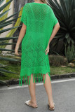 Geometric Knit Fringe Edge V Neck Kimono Beach Dress