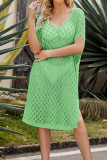 Plain V Neck Hollow Out Knit Beach Dress
