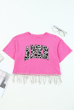 Pink Cow Print AMEN Graphic Rhinestone Tasseled Crop Top