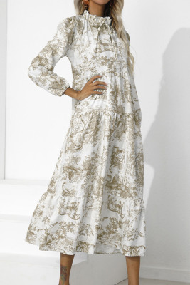 Puff Sleeves Printing Splicing Dress