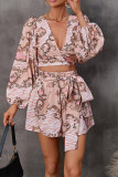 Printed V Neck Bubble Sleeves Hollow Out Waist Romper