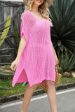 Plain V Neck Hollow Out Knit Cover Up Beach Dress