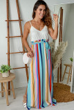 Stripe Splicing Paperwaist Spaghetti Straps Maxi Dress