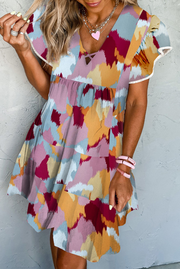 Red Printed Crisscross Decor V Neck Flutter Sleeve Dress