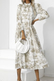 Puff Sleeves Printing Splicing Dress