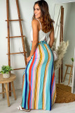 Stripe Splicing Paperwaist Spaghetti Straps Maxi Dress