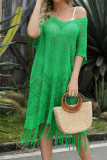 Geometric Knit Fringe Edge V Neck Kimono Beach Dress