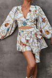 Printed V Neck Bubble Sleeves Hollow Out Waist Romper