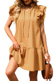 Khaki Tiered Ruffled Sleeves Mini Dress with Pockets