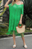 Geometric Knit Fringe Edge V Neck Kimono Beach Dress